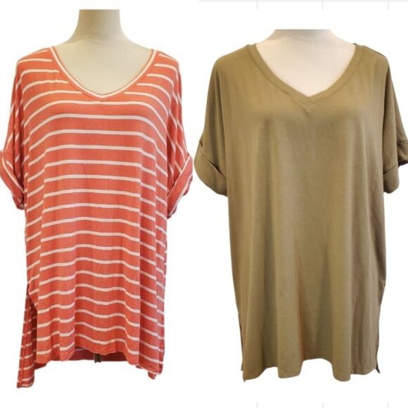 2 ZENANA SZ 1X Rolled Short Sleeve V-Neck Tops Coral Stripe & Olive Brown - Picture 1 of 10
